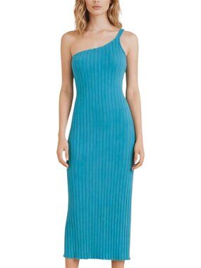 Simon Miller Oline Dress Pool Teal Ribbed One Shoulder Maxi Size S